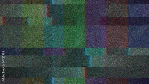 bad signal old TV, with noise glitch random color interlacing and other effects, color bars on background