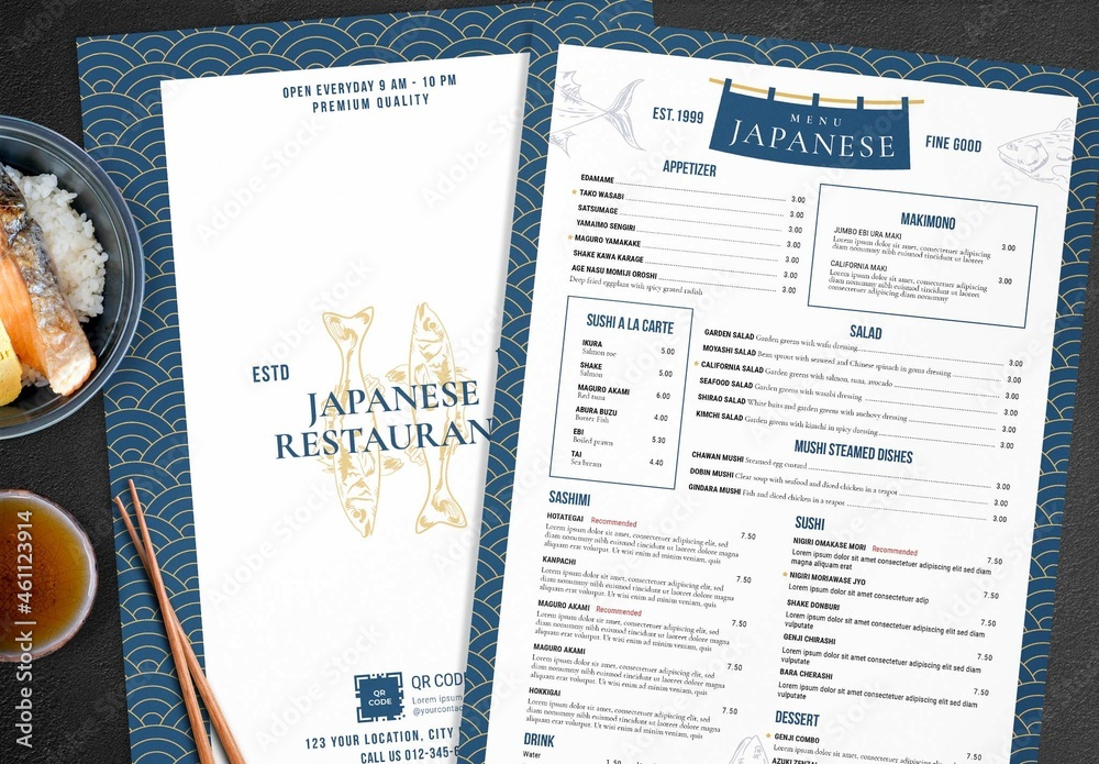 Japanese Sushi Restaurant Menu Layout with Blue Wave Pattern Stock Template Adobe Stock
