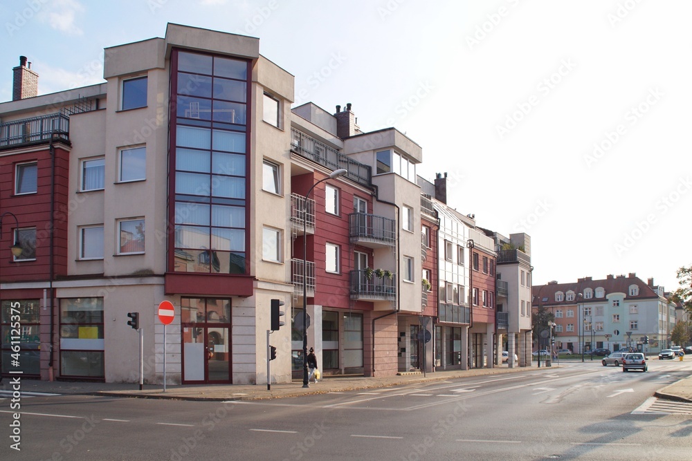 Contemporary buildings at Bielska Street in Plock on a sunny afternoon.