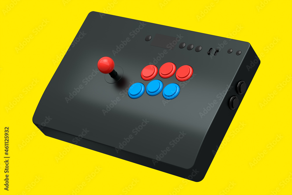 Vintage arcade stick with joystick and tournament-grade buttons on yellow