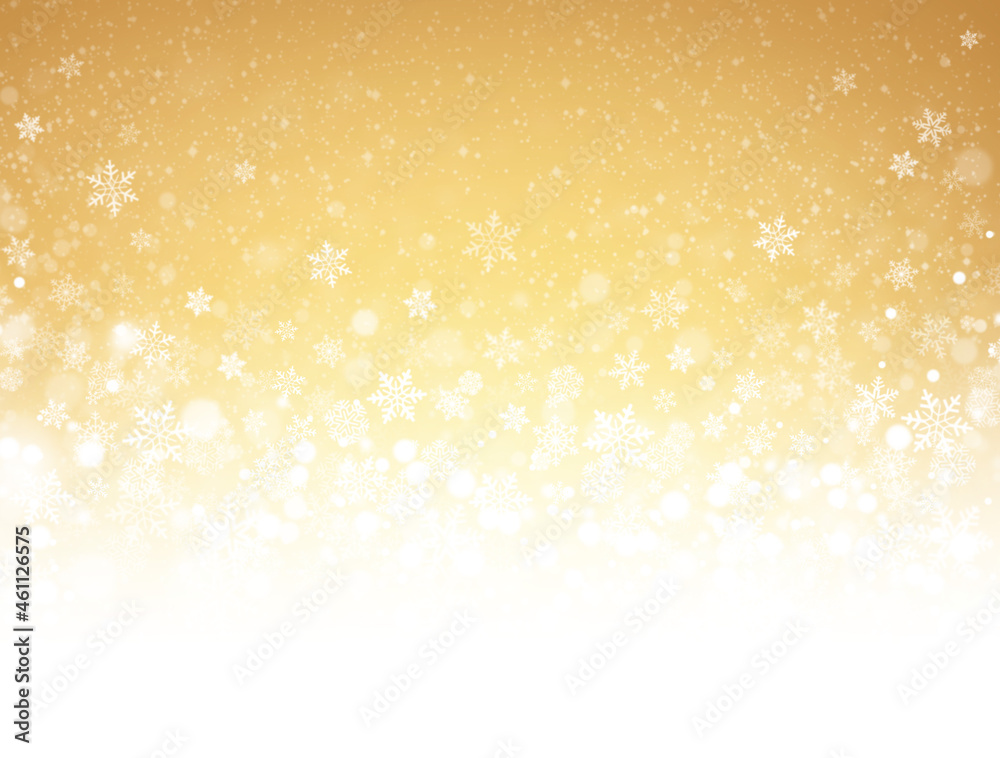 Snowflakes and snow powder on a frozen gold background - Christmas material Snowflakes and snow powder on a frozen gold background - Christmas material