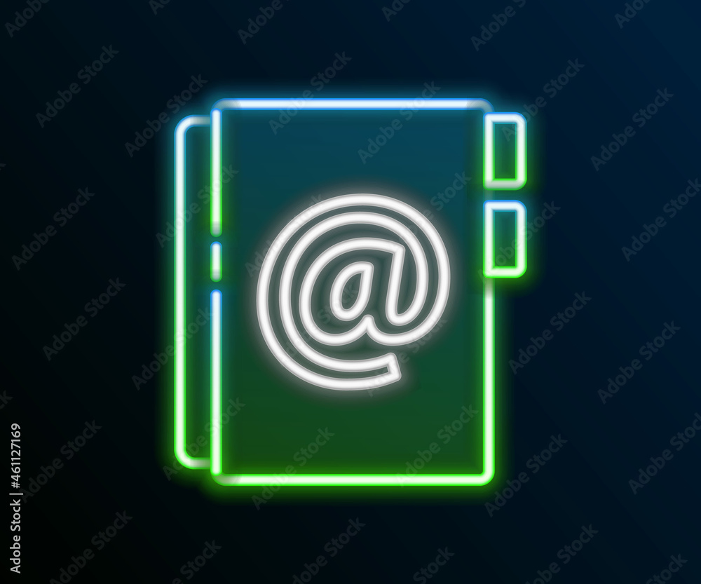 Glowing neon line Address book icon isolated on black background. Notebook, address, contact, directory, phone, telephone book icon. Colorful outline concept. Vector Glowing neon line Address book icon isolated on black background. Notebook, address, contact, directory, phone, telephone book icon. Colorful outline concept. Vector