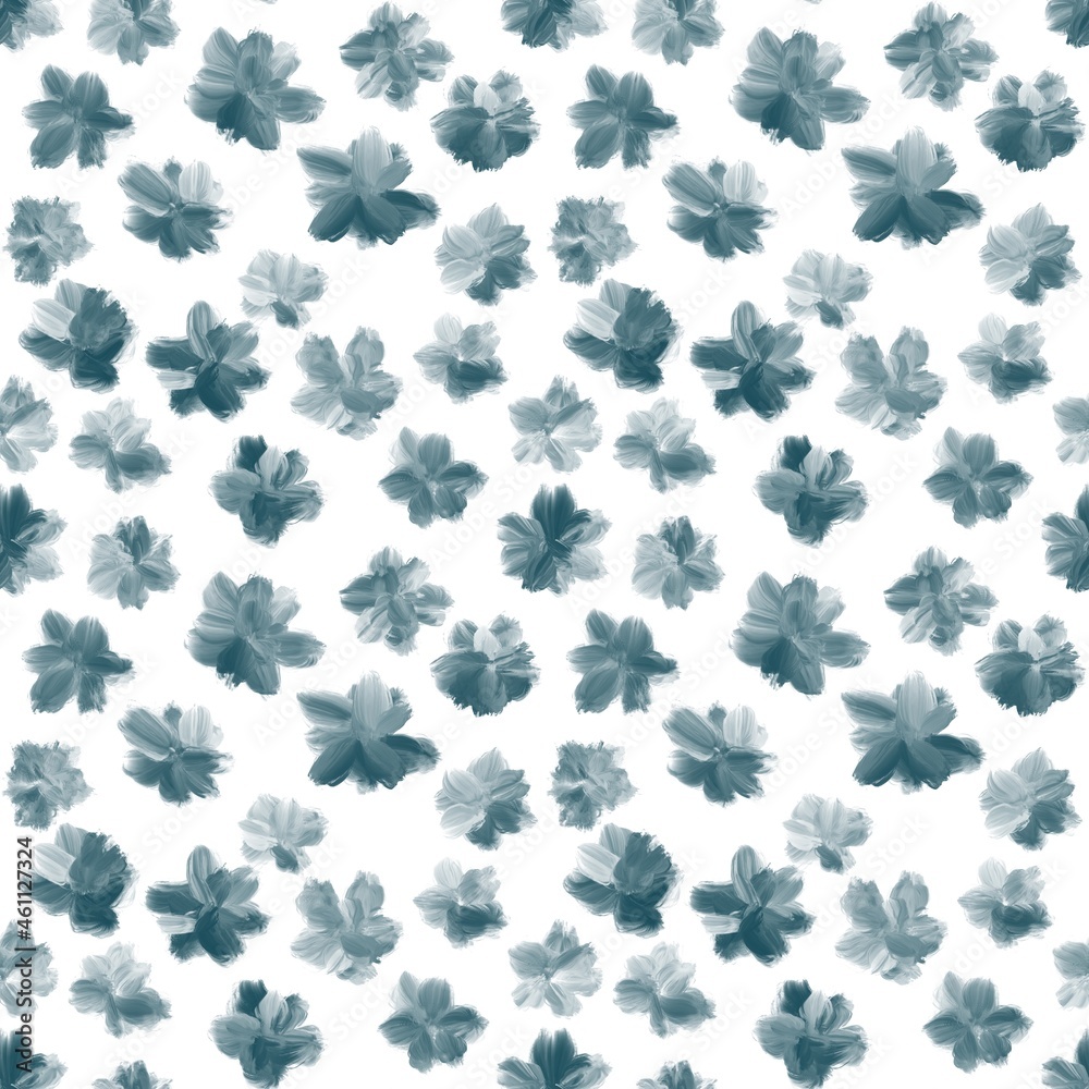 Seamless abstract floral pattern. Simple background with blue flowers and white texture. Digital botanical background. Designed for textile fabrics, wrapping paper, background, wallpaper, cover.