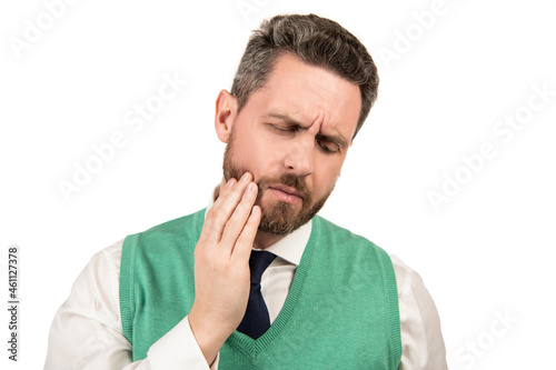 unhappy mature guy in formalwear suffering from toothache isolated on white background, pain