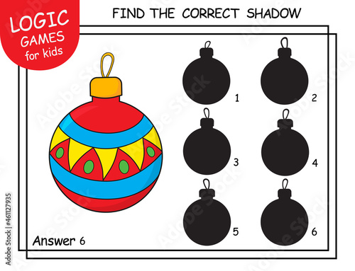 Find the correct shadow of Christmas Ball. Task with answer. Cute cartoon new year toy. Educational matching activity for child with Ball. Learning worksheet with task for kids school or kindergarten