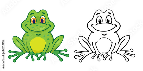 Funny green frog and its outline drawing. In cartoon style. Isolated on white background. Vector illustration. For coloring book.