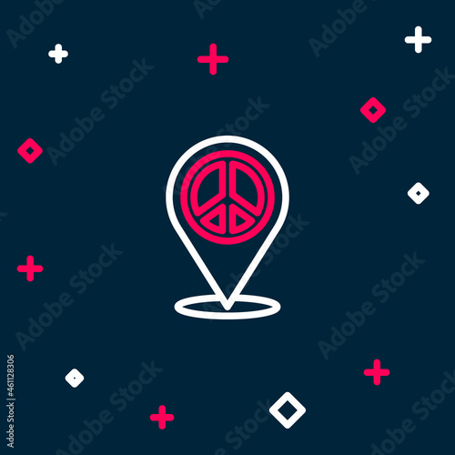 Line Location peace icon isolated on blue background. Hippie symbol of peace. Colorful outline concept. Vector