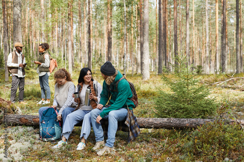Fototapeta Full length portrait of diverse group of friends taking break while enjoying hik