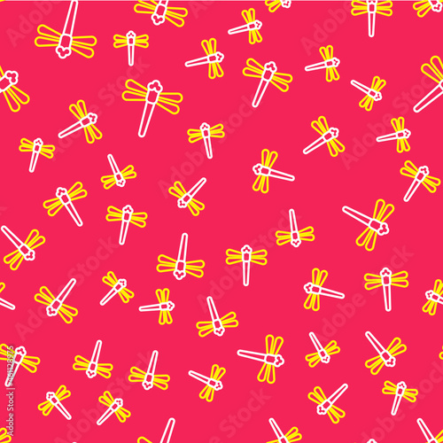 Line Dragonfly icon isolated seamless pattern on red background. Vector