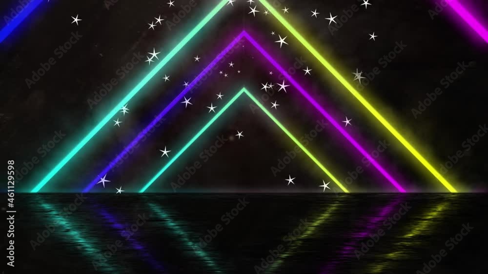 Animation of moving colorful geometrical shapes over the waterline and stars in night sky Animation of moving colorful geometrical shapes over the waterline and stars in night sky