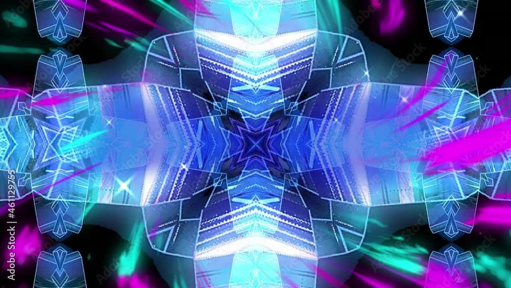 Animation of spinning colorful lights over kaleidoscopic shapes