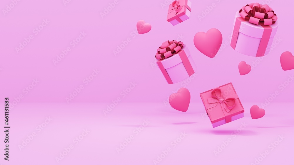 Valentine's Day sale pink background. composition with gift boxs and hearts. 3d render