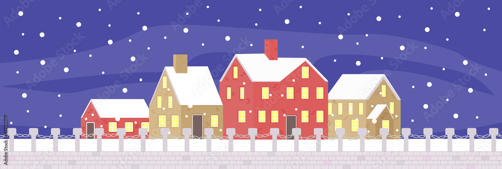 New year and Christmas winter night town street. Bright town panorama. Vector illustration in flat style.