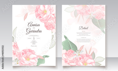 Elegant wedding invitation card with beautiful floral and leaves template Premium Vector	
