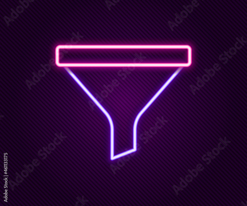 Glowing neon line Funnel or filter icon isolated on black background. Colorful outline concept. Vector