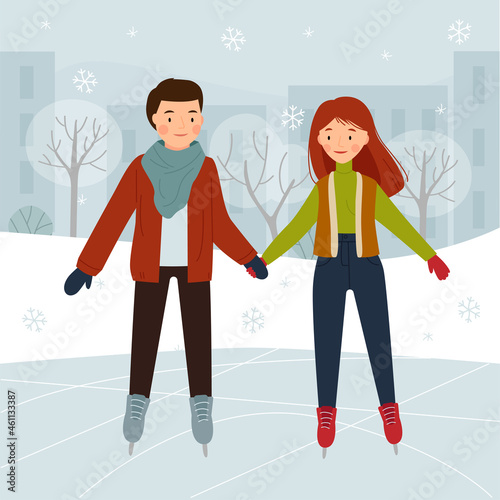 Couple on the skating rink in the park. Boy and girl ice skating. Winter fun. Vector illustration of a flat design.