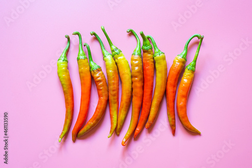 Red, hot peppers on pink background