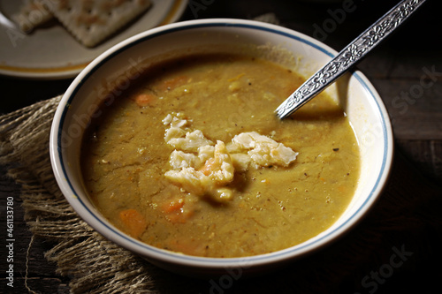 Split Pea Soup on Dark and Moody Background