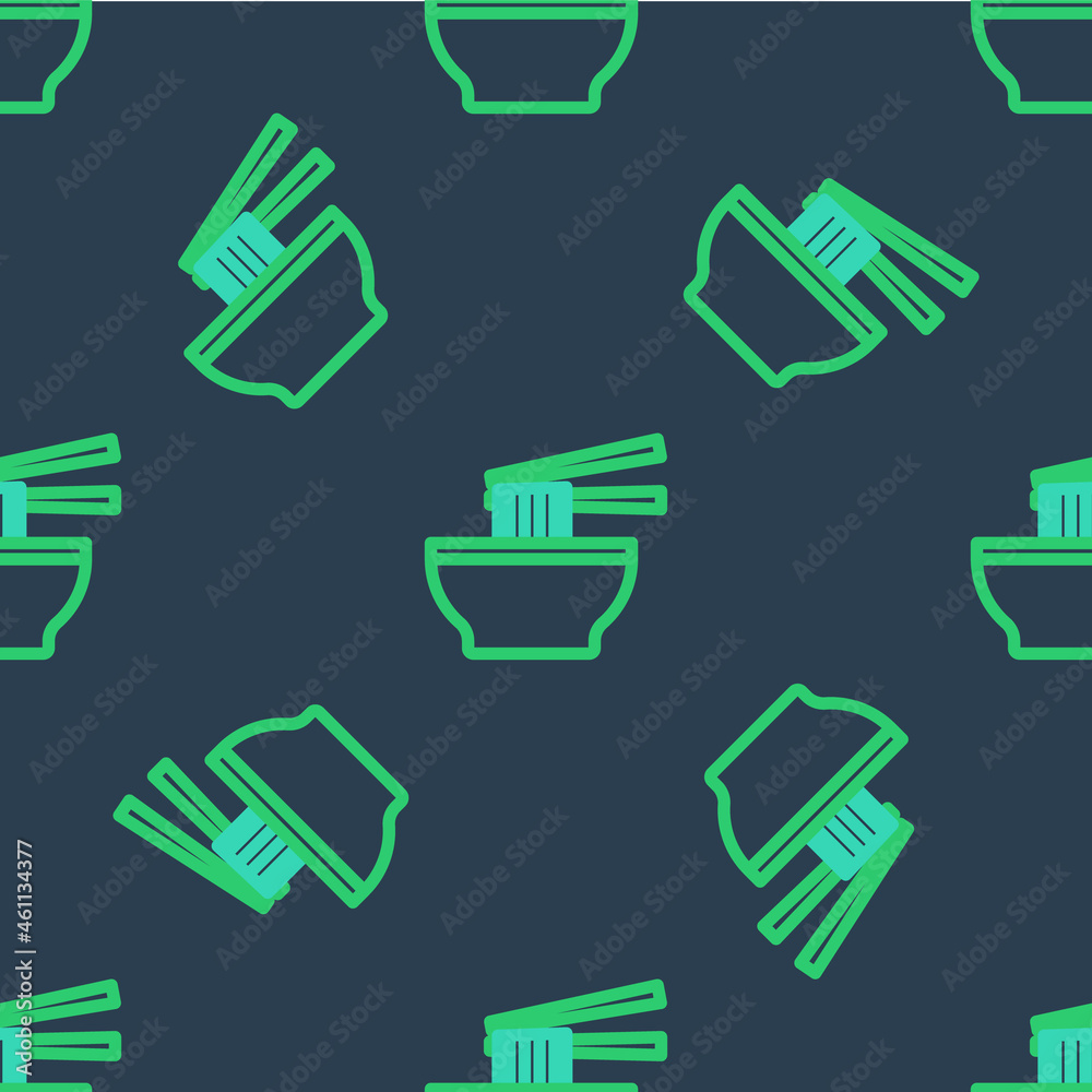 Line Asian noodles in bowl and chopsticks icon isolated seamless pattern on blue background. Street fast food. Korean, Japanese, Chinese food. Vector Line Asian noodles in bowl and chopsticks icon isolated seamless pattern on blue background. Street fast food. Korean, Japanese, Chinese food. Vector