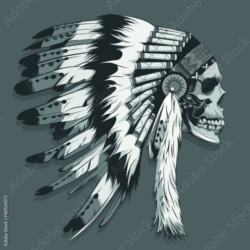 skull in Native American headdress with feathers