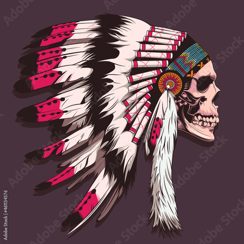 skull in Native American headdress with feathers