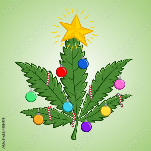 Christmas marijuana leaves. Decorate with colorful christmas decorations. Isolated on a white gradient faded green background. Vector illustration.