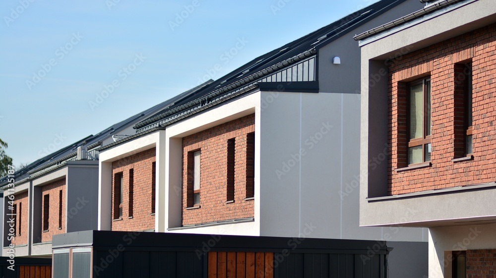 Modern single family terraced homes. Newly built homes in a residential estate.