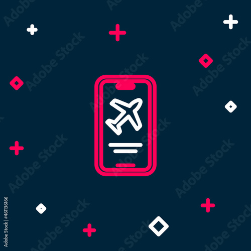 Line Smartphone with electronic boarding pass airline ticket icon isolated on blue background. Passenger plane mobile ticket for web and app. Colorful outline concept. Vector