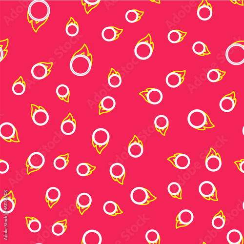 Line Circus fire hoop icon isolated seamless pattern on red background. Ring of fire flame. Round fiery frame. Vector