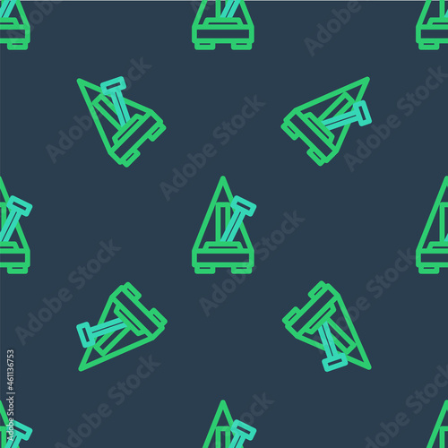 Line Classic Metronome with pendulum in motion icon isolated seamless pattern on blue background. Equipment of music and beat mechanism. Vector