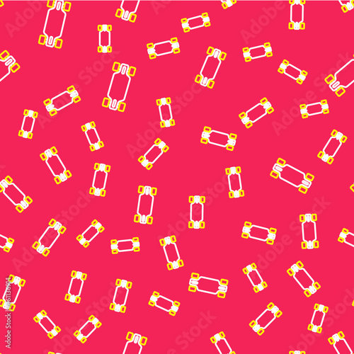 Line Longboard or skateboard cruiser icon isolated seamless pattern on red background. Extreme sport. Sport equipment. Vector
