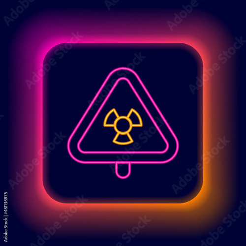 Glowing neon line Triangle sign with radiation symbol icon isolated on black background. Colorful outline concept. Vector