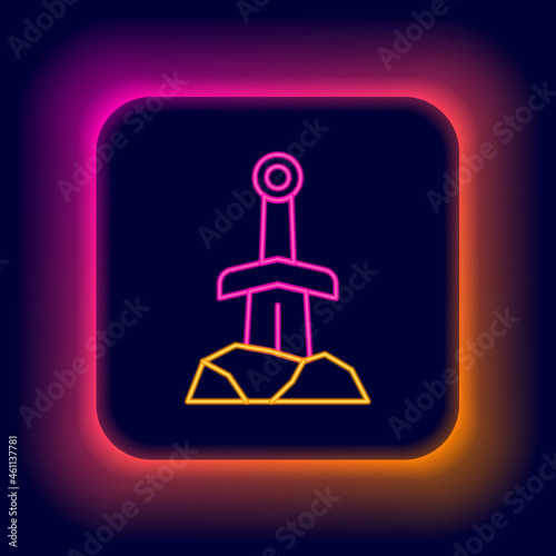 Glowing neon line Sword in the stone icon isolated on black background. Excalibur the sword in the stone from the Arthurian legends. Colorful outline concept. Vector