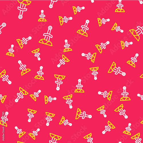 Line Sword in the stone icon isolated seamless pattern on red background. Excalibur the sword in the stone from the Arthurian legends. Vector