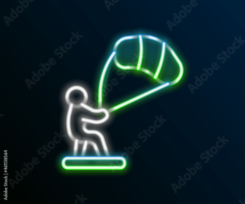 Glowing neon line Kitesurfing icon isolated on black background. Colorful outline concept. Vector
