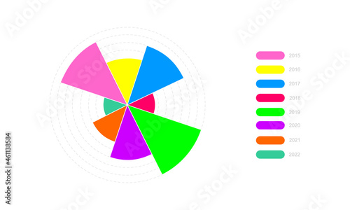 Circle chart example. Wheel diagram with 8 colorful segments of different sizes. Statistical infographic template. Finance round graph design layout. Vector flat illustration.