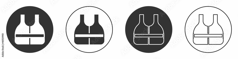 Black Life jacket icon isolated on white background. Life vest icon. Extreme sport. Sport equipment. Circle button. Vector Black Life jacket icon isolated on white background. Life vest icon. Extreme sport. Sport equipment. Circle button. Vector