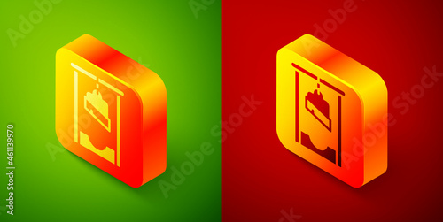 Isometric Guillotine medieval execution icon isolated on green and red background. Square button. Vector