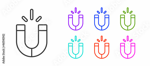 Black line Magnet icon isolated on white background. Horseshoe magnet, magnetism, magnetize, attraction. Set icons colorful. Vector
