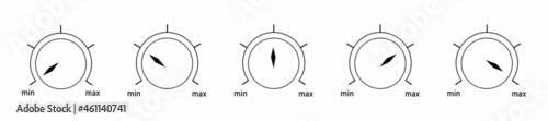 Round measuring circles. 360 degrees scale circle with lines, circular dial and scales meter vector set. 
5 positions with minimum and maximum.