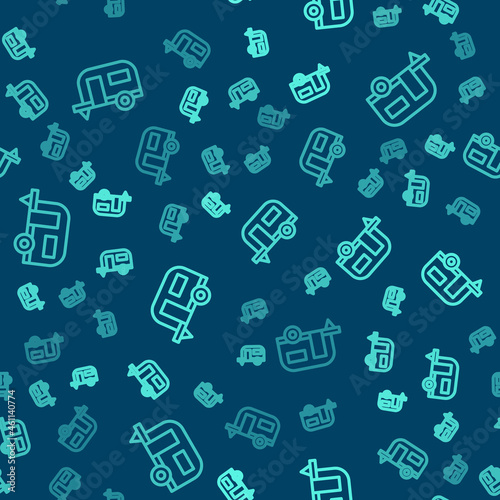 Green line Rv Camping trailer icon isolated seamless pattern on blue background. Travel mobile home, caravan, home camper for travel. Vector