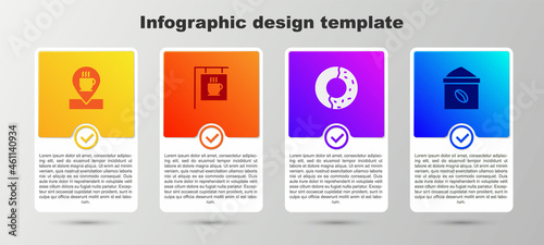 Set Location with coffee cup, Street signboard, Donut sweet glaze and Bag beans. Business infographic template. Vector