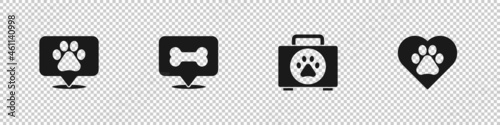 Set Location veterinary, Dog bone, Pet first aid kit and Heart with animals footprint icon. Vector