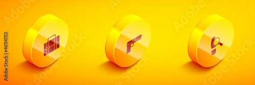 Set Isometric Briefcase, Pistol or gun and Footsteps icon. Vector