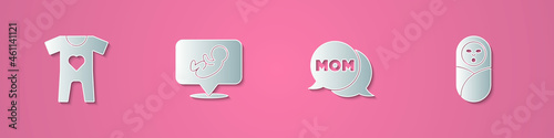 Set paper cut Baby clothes, , Speech bubble mom and Newborn baby infant swaddled icon. Paper art style. Vector