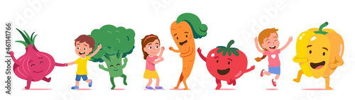 Happy children, fresh organic vegetable having fun
