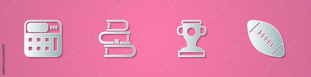 Set paper cut Calculator, Book, Award cup and American football ball icon. Paper art style. Vector Set paper cut Calculator, Book, Award cup and American football ball icon. Paper art style. Vector