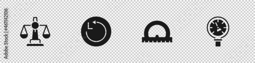 Set Scales of justice, Radius, Protractor and Pressure water meter icon. Vector