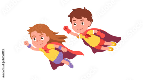 Cute girl, boy super heroes couple flying together