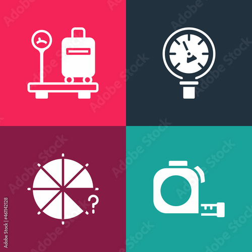 Set pop art Roulette construction, Circle of pieces, Pressure water meter and Scale with suitcase icon. Vector
